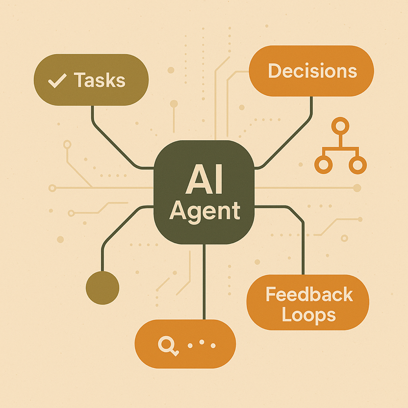 AI Agents - Diagram showing AI agent capabilities including tasks, decisions, and feedback loops